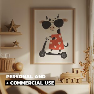Cow Scooter Eclectic Nursery Animal Print for Toddler Playroom and Skateboard Kids Room, Digital Download, Commercial Use Too