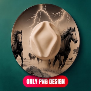 May include: A beige cowboy hat featuring a sepia-toned illustration of horses galloping across a landscape under a lightning-filled sky. The text "ONLY PNG DESIGN" is displayed on a red banner.