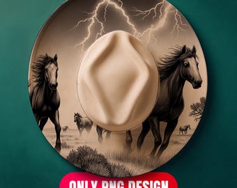 Horses in Texas Hat Burning Pyrography Design Digital Download - Laser Engraving Png + Pdf Template for Wide Brim | Commercial Use Too