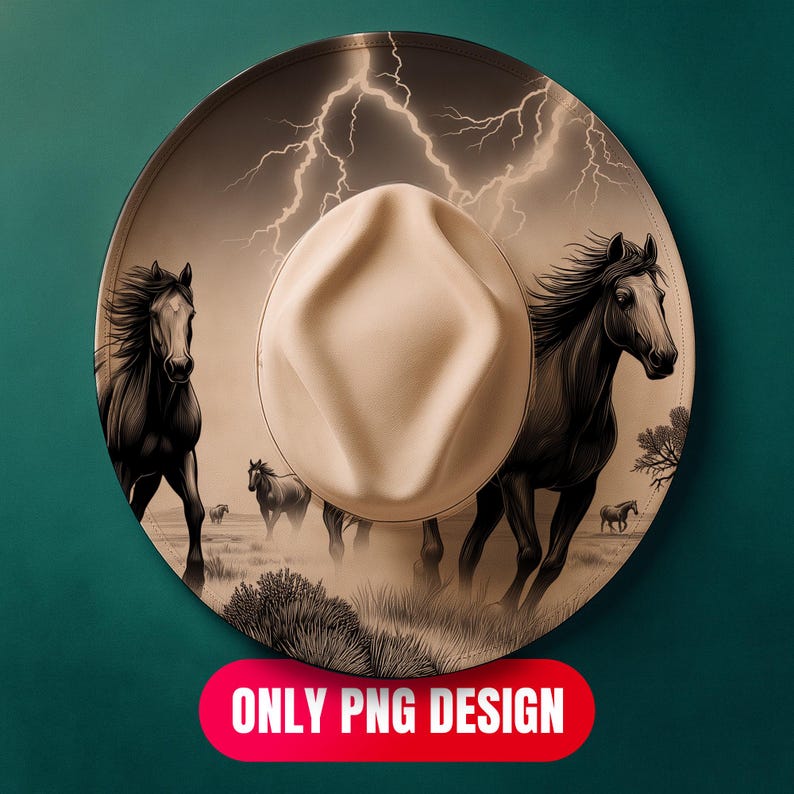 May include: A beige cowboy hat with a sepia-toned illustration of horses running across a landscape under a lightning-filled sky. The text "ONLY PNG DESIGN" is displayed on a red banner.