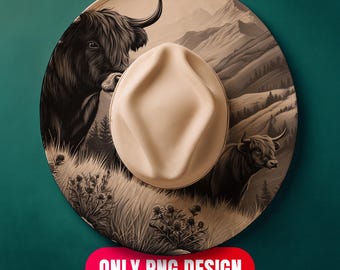 Download digital de design de gravação a laser de vaca das Terras Altas - Chapéu floral queimando em PNG para LightBurn + modelo em PDF para aba larga | Uso comercial