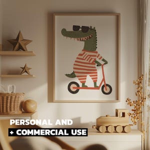 Crocodile Scooter Eclectic Nursery Animal Print for Toddler Playroom and Skateboard Kids Room, Digital Download, Commercial Use Too