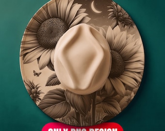 Descarga digital con diseño de girasoles y sombrero de luna ardiente - Plantilla PNG + PDF de grabado láser floral para ala ancha / Uso comercial también