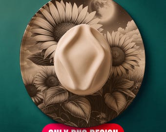 Descarga digital con diseño de girasoles y sombrero de luna ardiente - Plantilla PNG + PDF de grabado láser floral para ala ancha / Uso comercial también