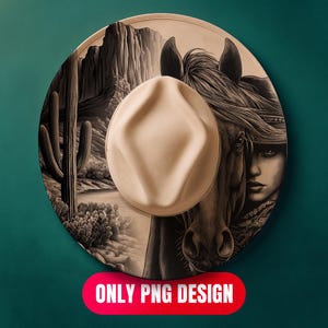 May include: A beige fedora hat rests on a circular graphic featuring a desert landscape with cacti and a horse with a woman's face. The text "ONLY PNG DESIGN" is on a red banner at the bottom.