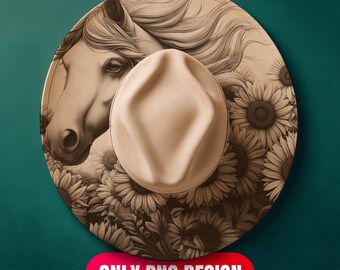 Horse and Sunflowers Hat Burning Design Digital Download - Laser Engraving Png for LightBurn + Pdf Template for Wide Brim | Commercial Use