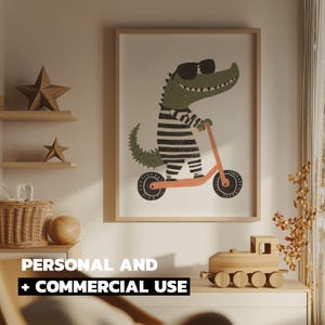 Crocodile Scooter Eclectic Nursery Animal Print for Toddler Playroom and Skateboard Kids Room, Digital Download, Commercial Use Too