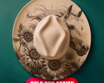 Horse and Sunflowers Hat Burning Design Digital Download - Laser Engraving Png for LightBurn + Pdf Template for Wide Brim | Commercial Use