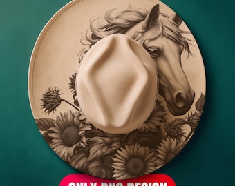 Horse and Sunflowers Hat Burning Design Digital Download - Laser Engraving Png for LightBurn + Pdf Template for Wide Brim | Commercial Use
