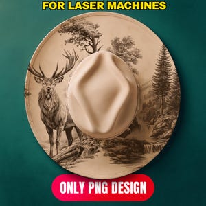 May include: A beige cowboy hat with a detailed landscape design featuring a stag, trees, and a waterfall. The hat has a light brown crown and brim. Text on the hat reads "FOR LASER MACHINES" and "ONLY PNG DESIGN".