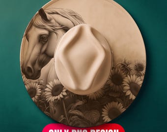 Horse and Sunflowers Hat Burning Design Digital Download - Laser Engraving Png for LightBurn + Pdf Template for Wide Brim | Commercial Use