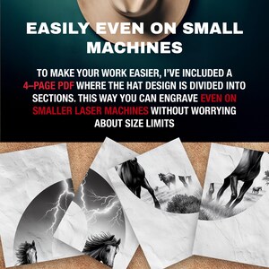 May include: Image featuring a tan cowboy hat and several grayscale illustrations of horses and lightning. Text at the top reads "EASILY EVEN ON SMALL MACHINES." The text below states the design is divided into sections for engraving on smaller laser machines.