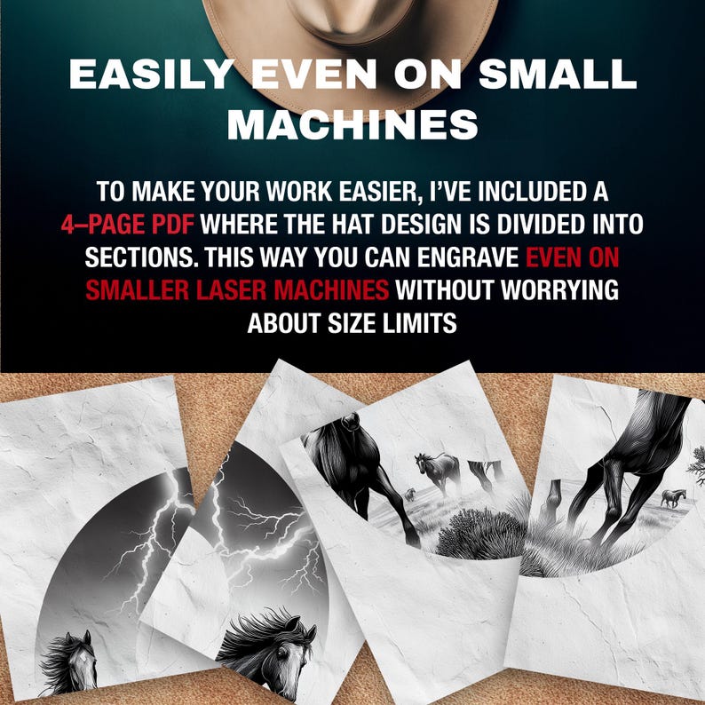 May include: Image featuring a tan cowboy hat and several grayscale illustrations of horses and lightning. Text at the top reads "EASILY EVEN ON SMALL MACHINES." The text below states the design is divided into sections for engraving on smaller laser machines.