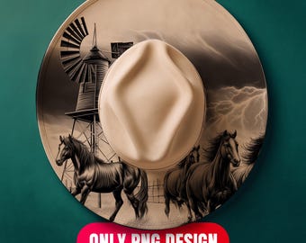 Wild Horses Hat Burning Pyrography Design Digital Download - Laser Engraving Png + Pdf Template for Wide Brim | Commercial Use Too