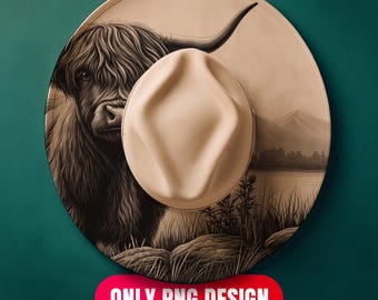 Download digital de design de gravação a laser de vaca das Terras Altas - Chapéu floral queimando em PNG para LightBurn + modelo em PDF para aba larga | Uso comercial