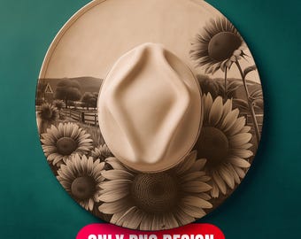 Descarga digital de diseño de sombrero de girasoles en llamas - Plantilla PNG + PDF de grabado láser floral para ala ancha / Uso comercial también