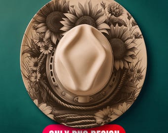 Descarga digital de diseño de sombrero de girasoles en llamas - Plantilla PNG + PDF de grabado láser floral para ala ancha / Uso comercial también