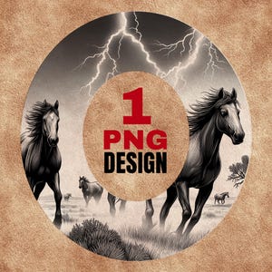 May include: A digital design featuring a black and white illustration of horses running across a field under a stormy sky with lightning. The design includes the text "1 PNG DESIGN" in red and black.