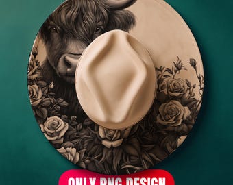 Download digital de design de gravação a laser de vaca das Terras Altas - Chapéu floral queimando em PNG para LightBurn + modelo em PDF para aba larga | Uso comercial