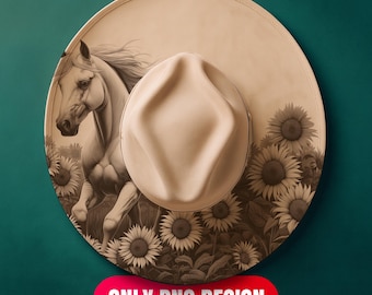 Horse and Sunflowers Hat Burning Design Digital Download - Laser Engraving Png for LightBurn + Pdf Template for Wide Brim | Commercial Use
