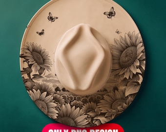 Descarga digital de diseño de sombrero de girasoles en llamas - Plantilla PNG + PDF de grabado láser floral para ala ancha / Uso comercial también