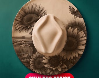 Descarga digital de diseño de sombrero de girasoles en llamas - Plantilla PNG + PDF de grabado láser floral para ala ancha / Uso comercial también