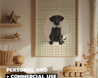Black Labrador Dog Nursery Sage Green Gingham Print Digital Download for Unisex Baby Room in Vintage and Coquette Style, Commercial Use Too