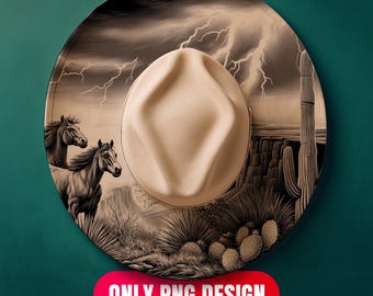 Horses in Texas Hat Burning Pyrography Design Digital Download - Laser Engraving Png + Pdf Template for Wide Brim | Commercial Use Too