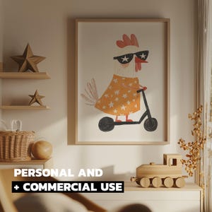 Chicken Scooter Eclectic Nursery Animal Print for Toddler Playroom and Skateboard Kids Room, Digital Download, Commercial Use Too