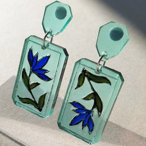 Stained Glass Window Earrings GREEN Handmade Resin Etsy