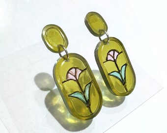 Stained glass window earrings | GREEN | Handmade Resin Earrings | Art Deco | Statement Earrings | Resin Jewellery | Volver Sculptures