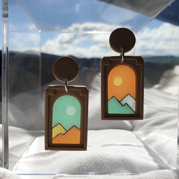 Stained glass window style earrings | Sunset Collection |Landscape earrings | Polymer Clay Earrings | Art Deco | Volver Sculptures