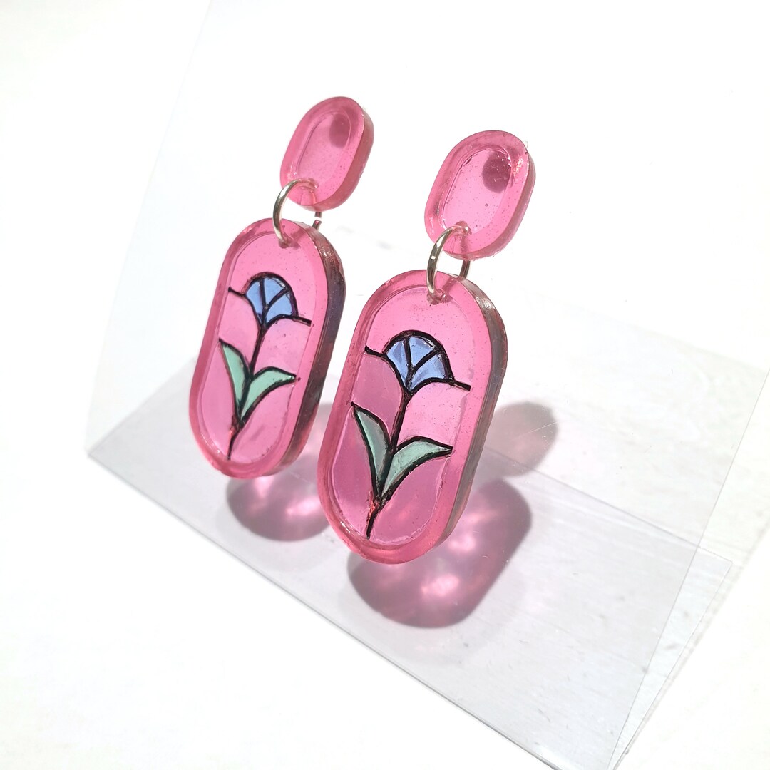 Stained Glass Window Earrings PINK Handmade Resin Earrings Etsy