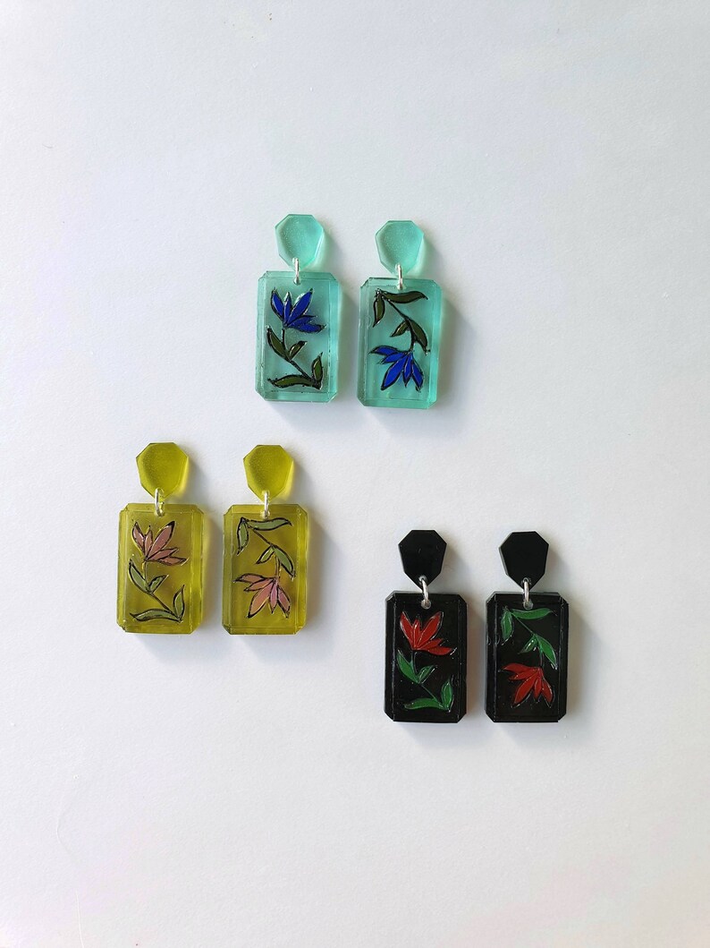 Stained Glass Window Earrings AQUA Floral Resin Earrings Etsy