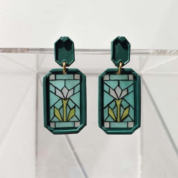 Stained glass window earrings | TULIPS | Handmade Polymer Clay Earrings | Art Deco | Statement Earrings | Clay Jewellery | Volver Sculptures