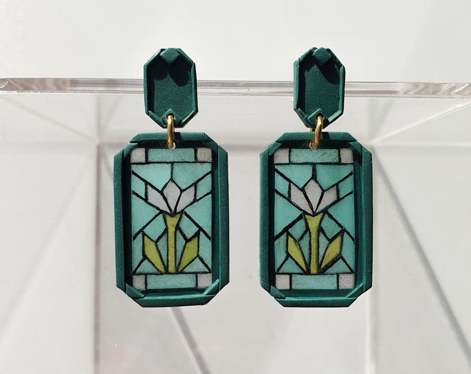 Stained Glass Window Earrings TULIPS Handmade Polymer Clay Earrings Art
