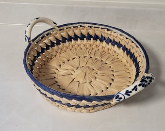 Blue Striped Wicker Basket with Ceramic Handles