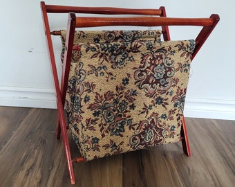 Vintage Folding Knitting Bag Wood and Floral Fabric