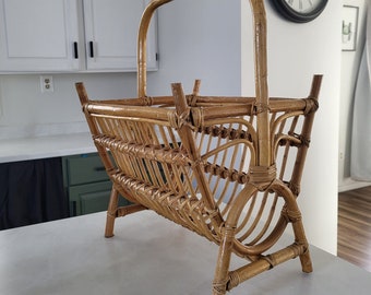 Vintage Large Rattan Magazine Holder / Newspaper Rack / Wicker Magazine Holder