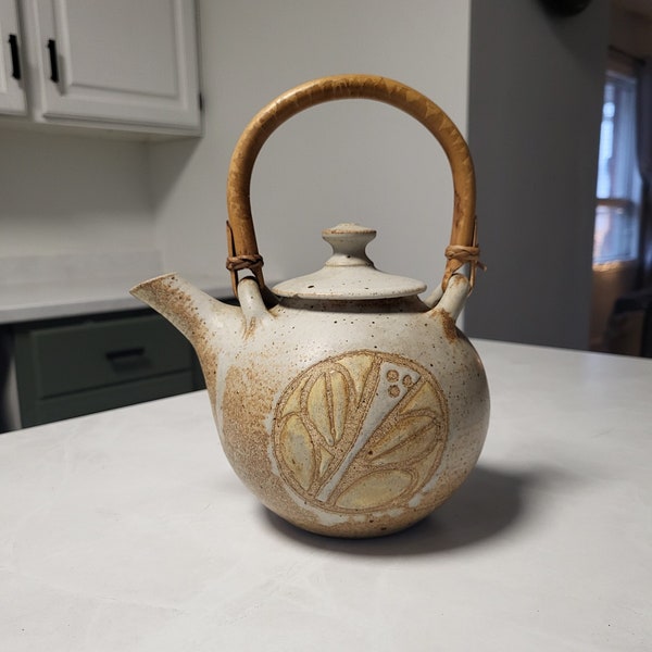 Vintage Handmade Wheel Thrown Pottery Teapot with Bamboo Handle