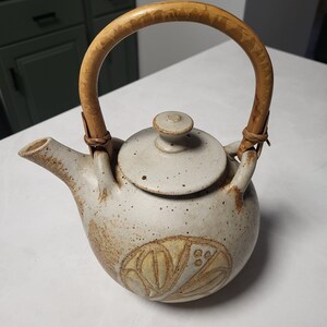 Vintage Handmade Wheel Thrown Pottery Teapot with Bamboo Handle image 2