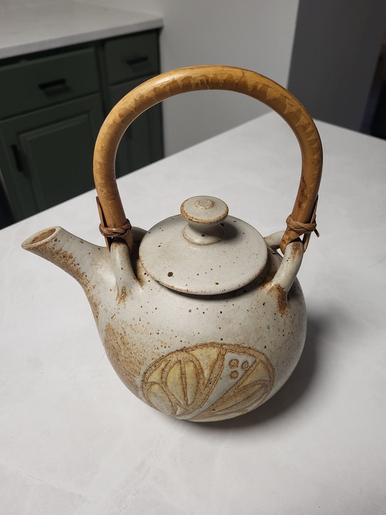 Vintage Handmade Wheel Thrown Pottery Teapot with Bamboo Handle image 2