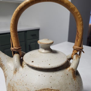 Vintage Handmade Wheel Thrown Pottery Teapot with Bamboo Handle image 4