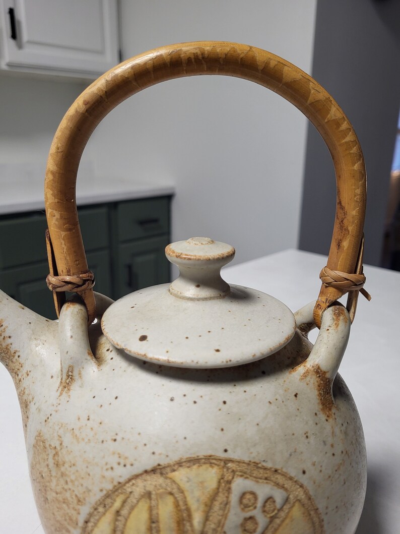 Vintage Handmade Wheel Thrown Pottery Teapot with Bamboo Handle image 4