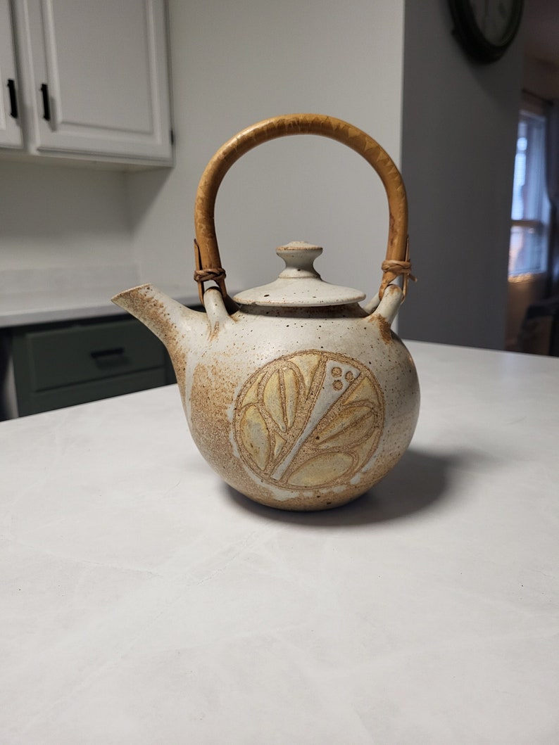 Vintage Handmade Wheel Thrown Pottery Teapot with Bamboo Handle image 1