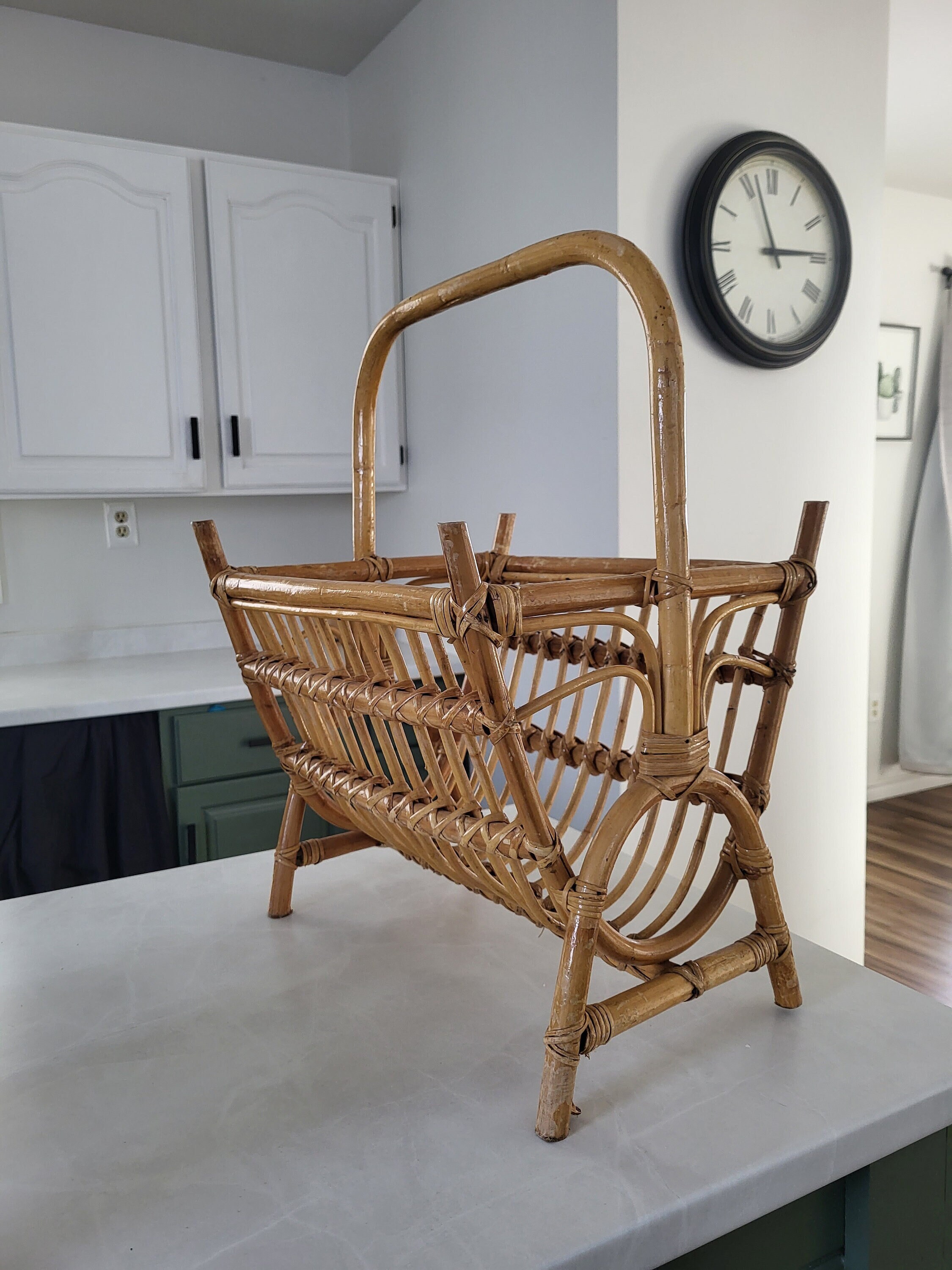 Vintage Large Rattan Magazine Holder / Newspaper Rack / Wicker Magazine ...