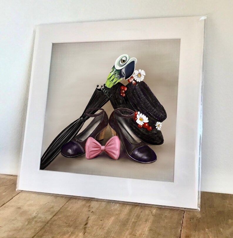 May include: A framed illustration of a black hat with a green parrot perched on top, two purple shoes, and a pink bow. The hat is decorated with white flowers and red berries.