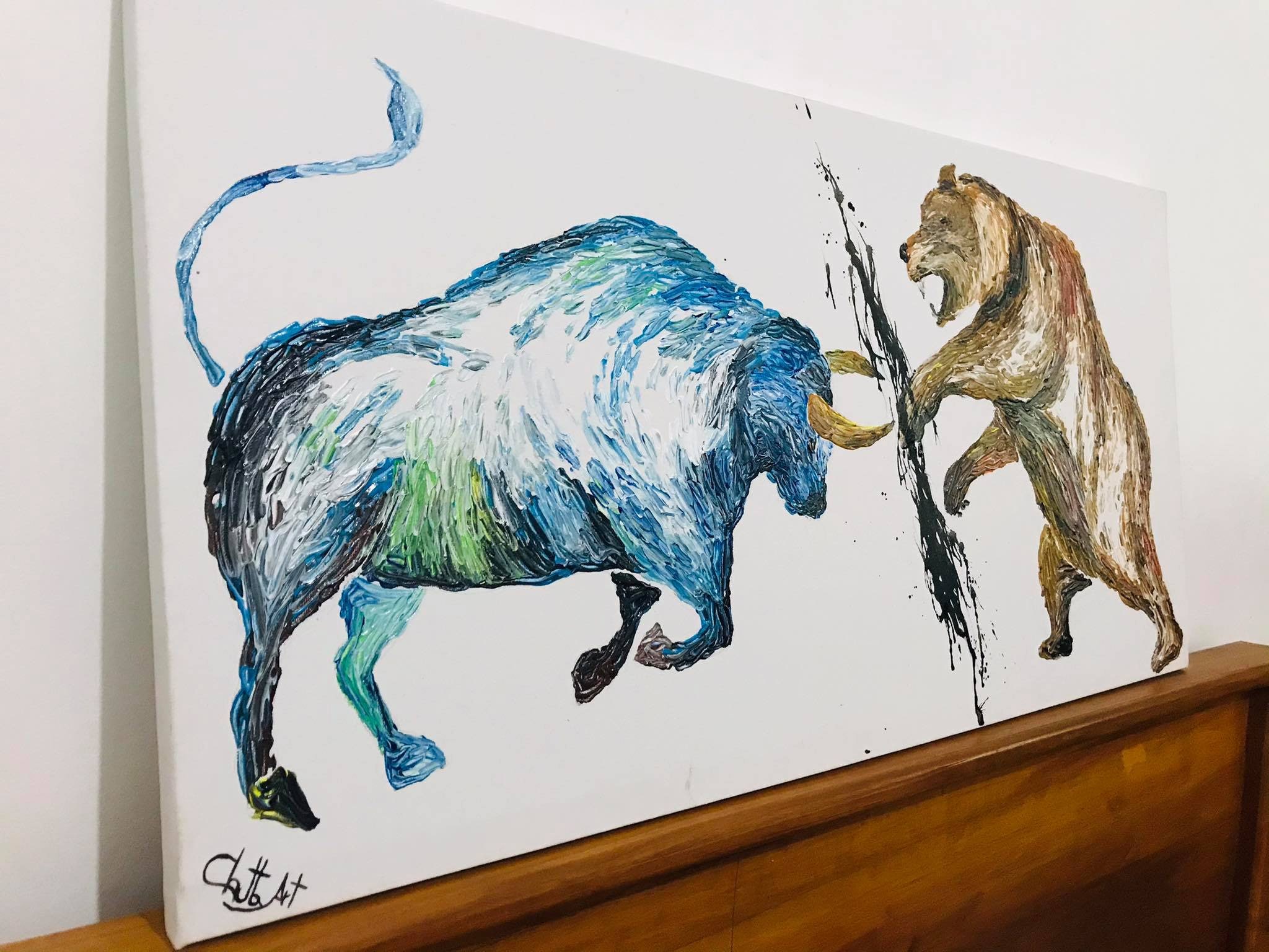 Large acrylic painting Bull and Bear fight Stock market Etsy