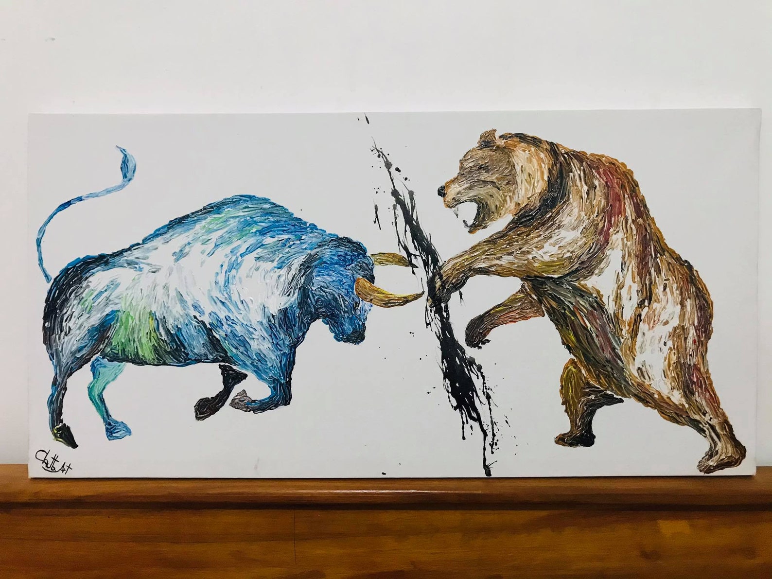 Large acrylic painting Bull and Bear fight Stock market Etsy