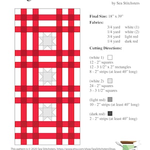 Peut inclure: Un patron de couture pour un chemin de table en vichy et étoiles. Le patron comprend des instructions pour couper le tissu en blanc, rouge clair et rouge foncé. Le chemin de table fini mesurera 46 cm sur 99 cm.